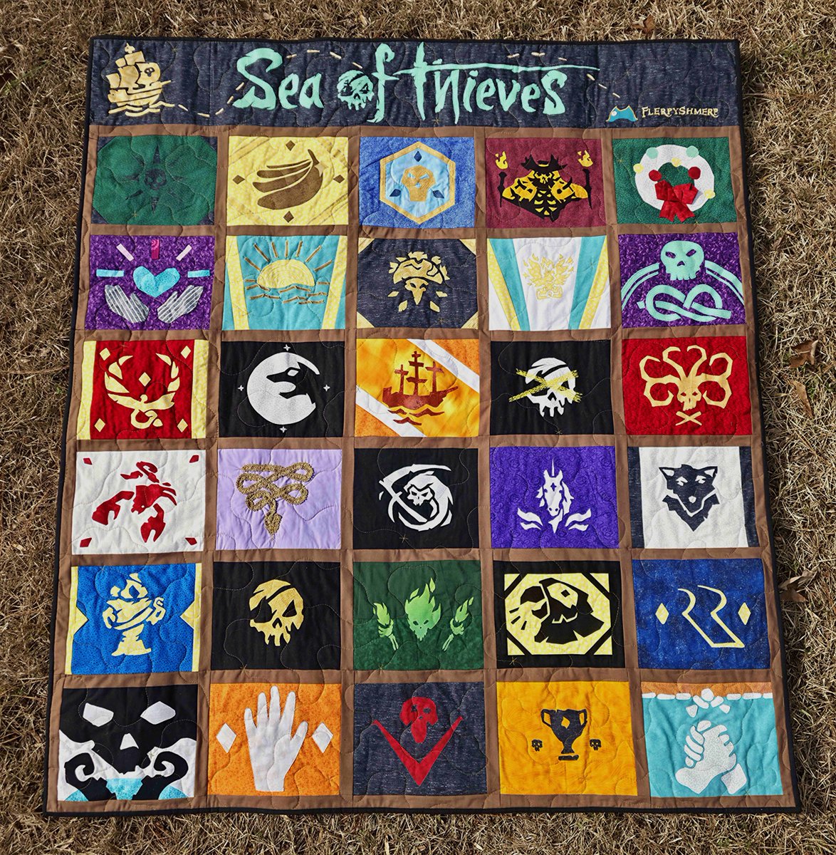 @SeaofThieves and quilting. My two special interests combined: The Sea of Thieves Quilt of Sails! Can you name all 30? A SUPER special thanks to <a href="/CleverCorvax/">CleverCorvax</a>, my main pattern maker, and a massive asset to the creativity that went into this project. 

#BeMorePirate #SeaofThieves