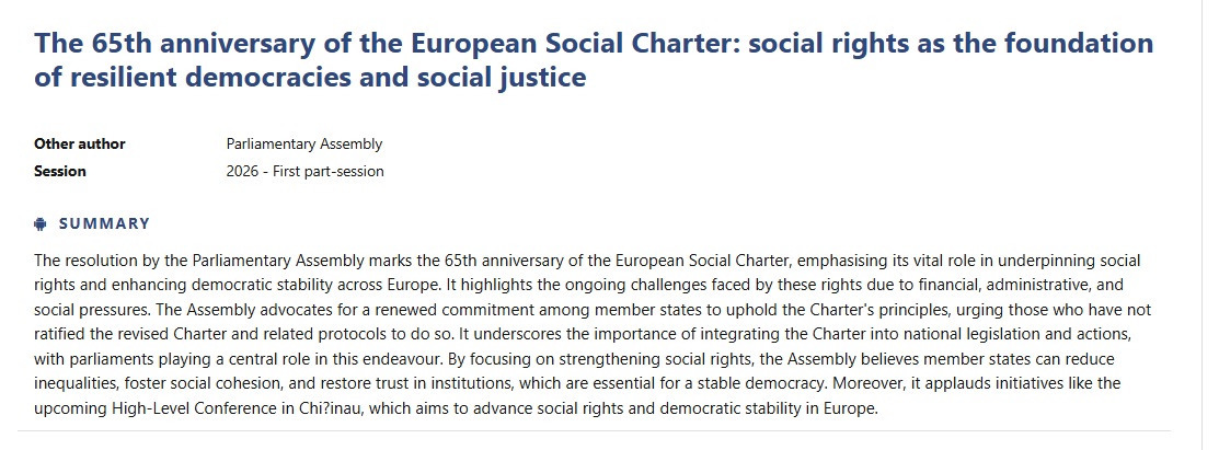 🔥🔥 29/1/26 Resolución Asamblea Parlamentaria Council of Europe The 65th anniversary of the European Social Charter: social rights as the foundation of resilient democracies and social justice Texto completo pace.coe.int/en/files/35884…