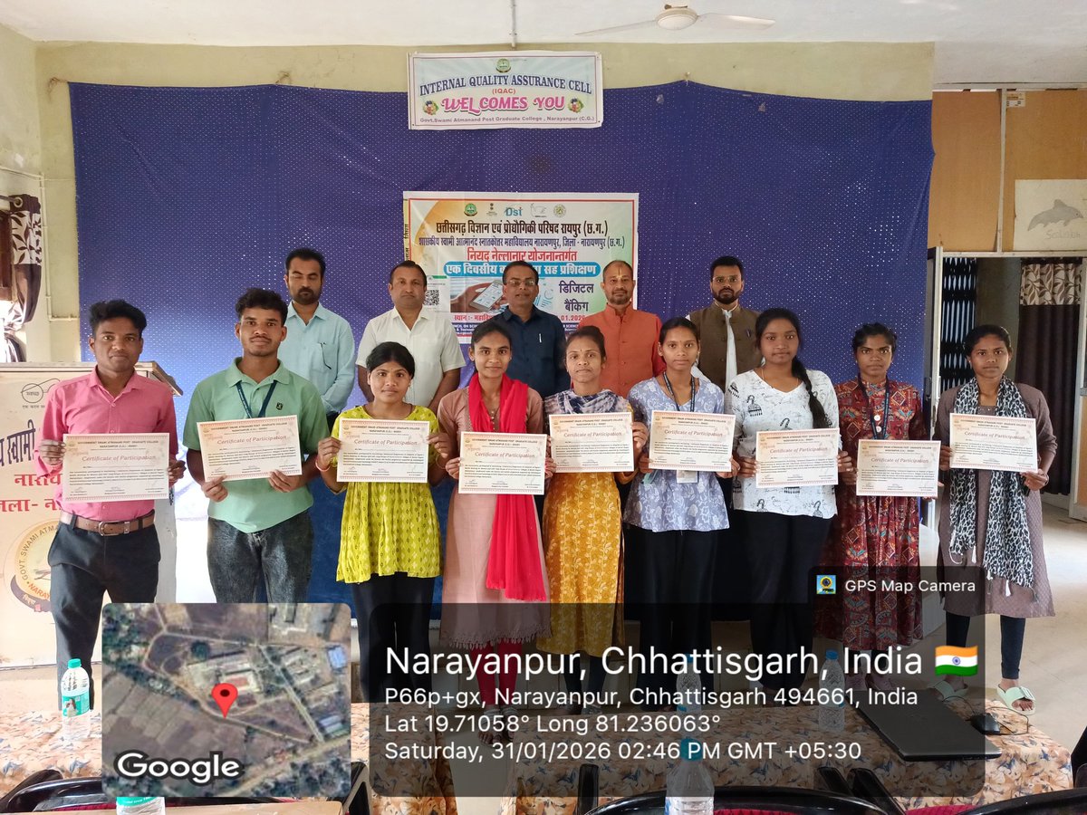 chandakbhagwan1's tweet photo. Date 31.01.2026
One Day workshop at @SwamiPg @NarayanpurDist Digital Empowerment Through Financial Inclusion: Promoting Mobile Banking Among Women and SHGs in #Niyad_Nellanar Villages, #Narayanpur
@SMKVBastar @CGHigherEdu
#CCOST @narendramodi @ChhattisgarhCMO @_NSSIndia https://t.co/G3amURbLQn