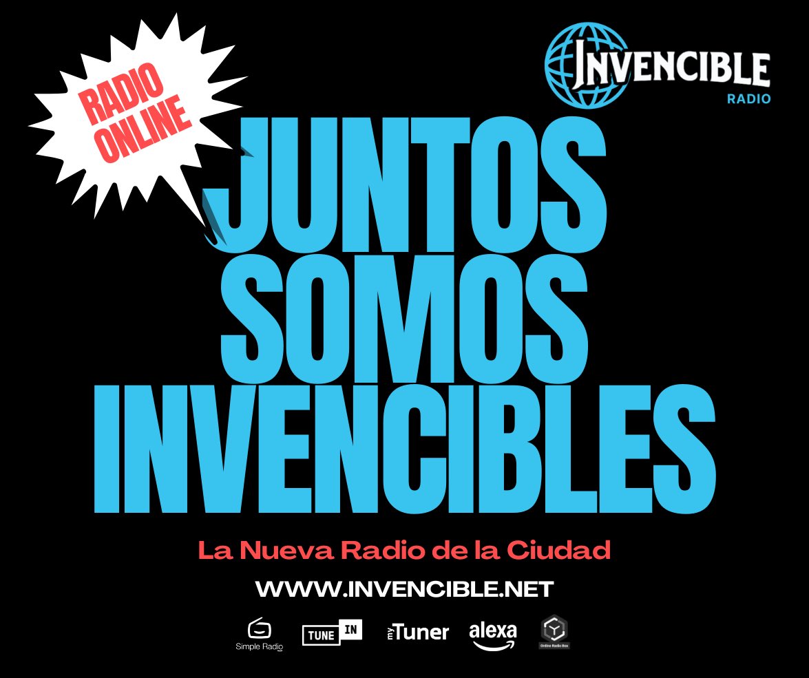 Somos la radio que evoluciona en el mundo digital📲🎧 únete a la comunidad #InvencibleRadio

Entra 🌐invencible.net 

MyTuner &amp; TuneIn 
¡Alexa, reproduce Invencible Radio! 

#radioonline #radioenvivo #radioenespañol #radiopublica #juntossomosinvencibles