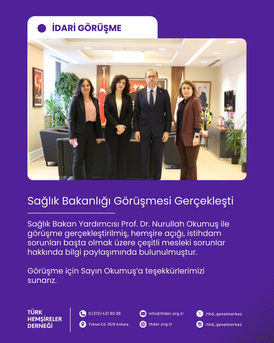 Sağlık Bakan Yardımcısı Prof. Dr. Nurullah Okumuş ile görüşme gerçekleştirilmiş, hemşire açığı, istihdam sorunları başta olmak üzere çeşitli mesleki sorunlar hakkında bilgi paylaşımında bulunulmuştur. 

Görüşme için Sayın Okumuş’a teşekkürlerimizi sunarız.