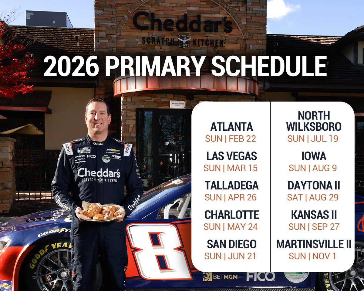 cheddarskitchen's tweet image. 🏁 Buckle up for the new Nascar Season! The No. 8 Cheddar's Chevy is locked in for 2026.  🏁

Which race are you most hyped for?

@KyleBusch | @RCRracing | #CookOutClash | #NASCAR2026 | @nascarclash | @BGSRacing