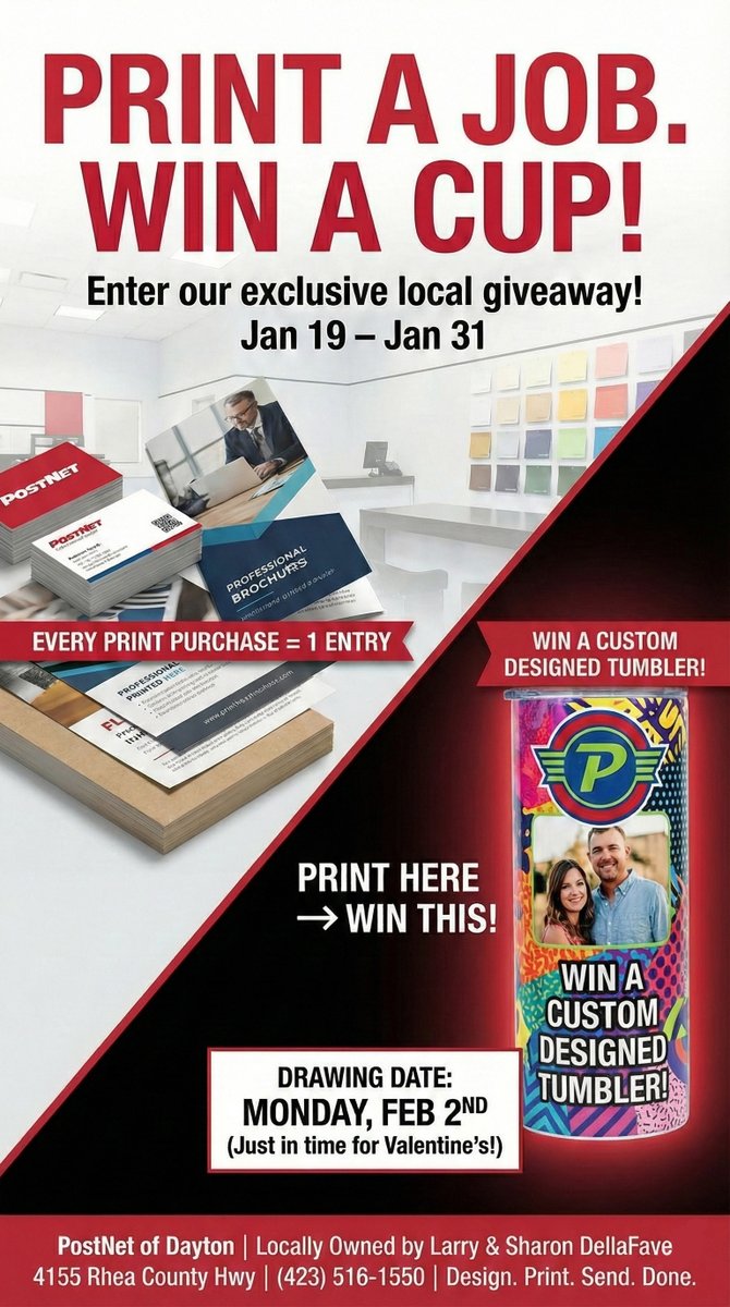 PostNetTN116's tweet image. Last chance to win big!

It’s the final day of the month! 🏃💨 Get your projects printed today at 4155 Rhea County Hwy. Don’t miss the LAST DAY to enter our custom cup giveaway! 📞 Call: 423.516.1550  Web: postnet.com/tn116

#PrintLocal #CustomDesign #Giveaway