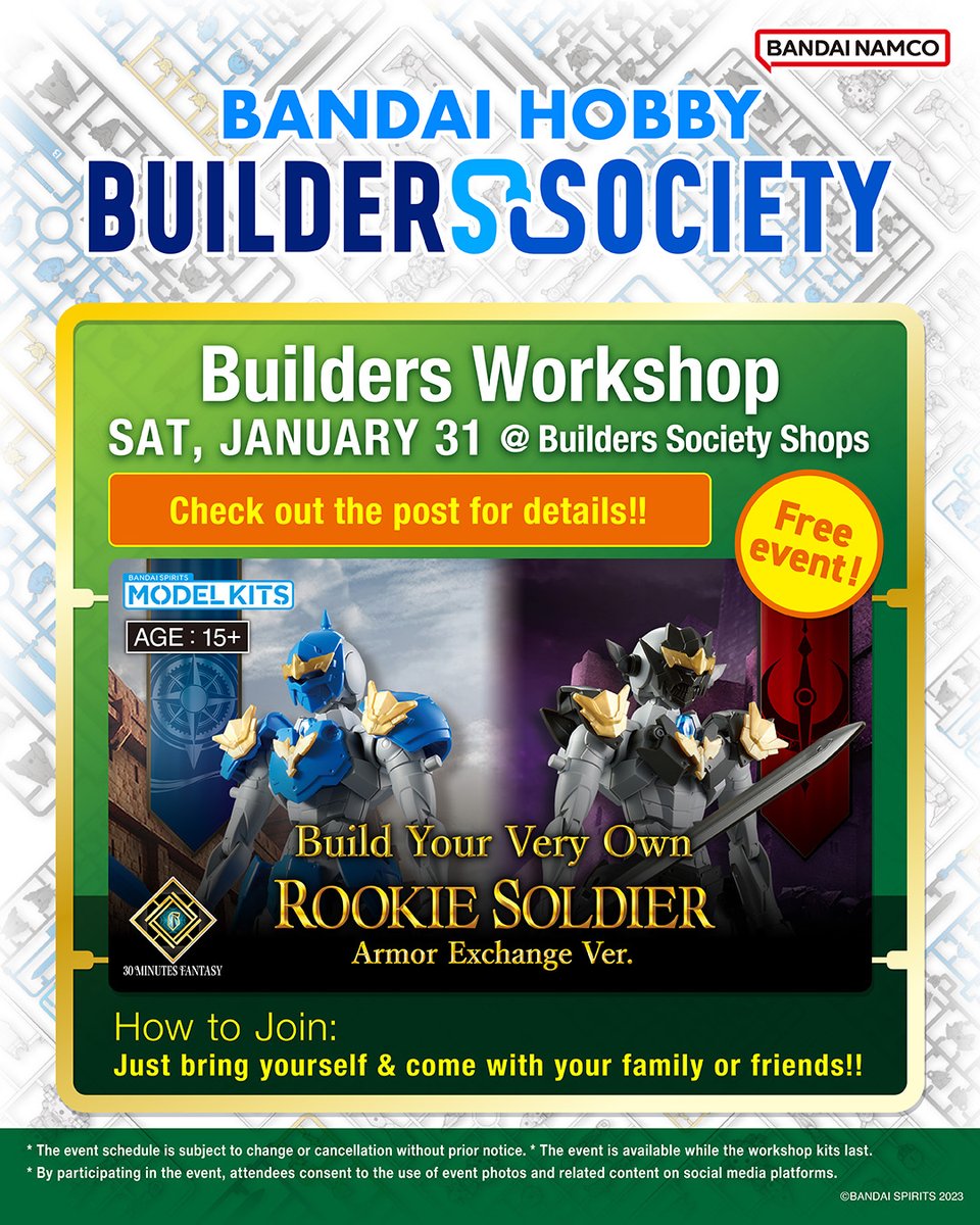 BandaiHobbyUS's tweet photo. Stop by a  Bandai Hobby Builders Society shop today to build a FREE Rookie Soldier Model Kit from the 30MF line ✨

🔎Find a Builders Society near you
https://t.co/XvLuw5ku3G

Times may vary per location
Please call your Hobbytown for specific times. 

#BHBS #30MF #workshop https://t.co/32qjgQgQPe