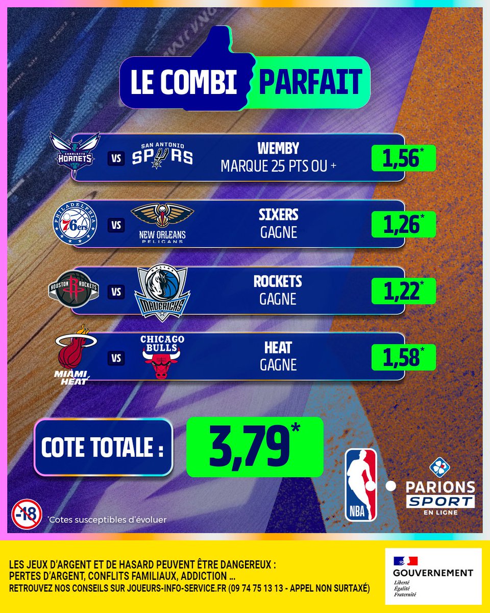 🤩 Votre #CombiParfait de cette nuit NBA est là !

🔥 Ça fait 3/4 ? 👉 5x20€ de freebets
💥 Ça fait 4/4 ? 👉 10x20€ de freebets

Pour jouer :
🤝 RT + Follow

🗓️ TAS le 01/02
📃 Règlement : bit.ly/45Ljuky