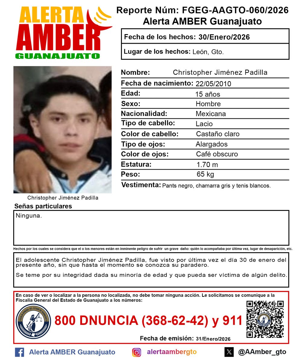 AAMBER_gto's tweet photo. Activación de la Alerta AMBER Guanajuato del adolescente Christopher Jiménez Padilla de 15 años, León, Gto. ¡Ayúdanos a localizarlo! https://t.co/awpHL3ZosS