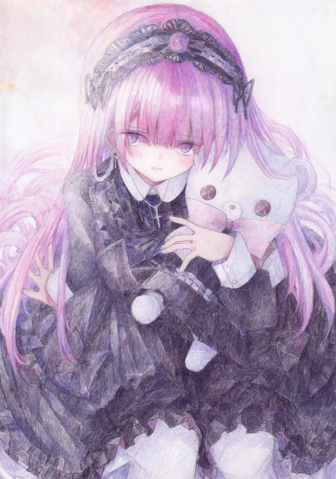 ピンクの髪 #オリジナル #アナログ #色鉛筆 #透明水彩