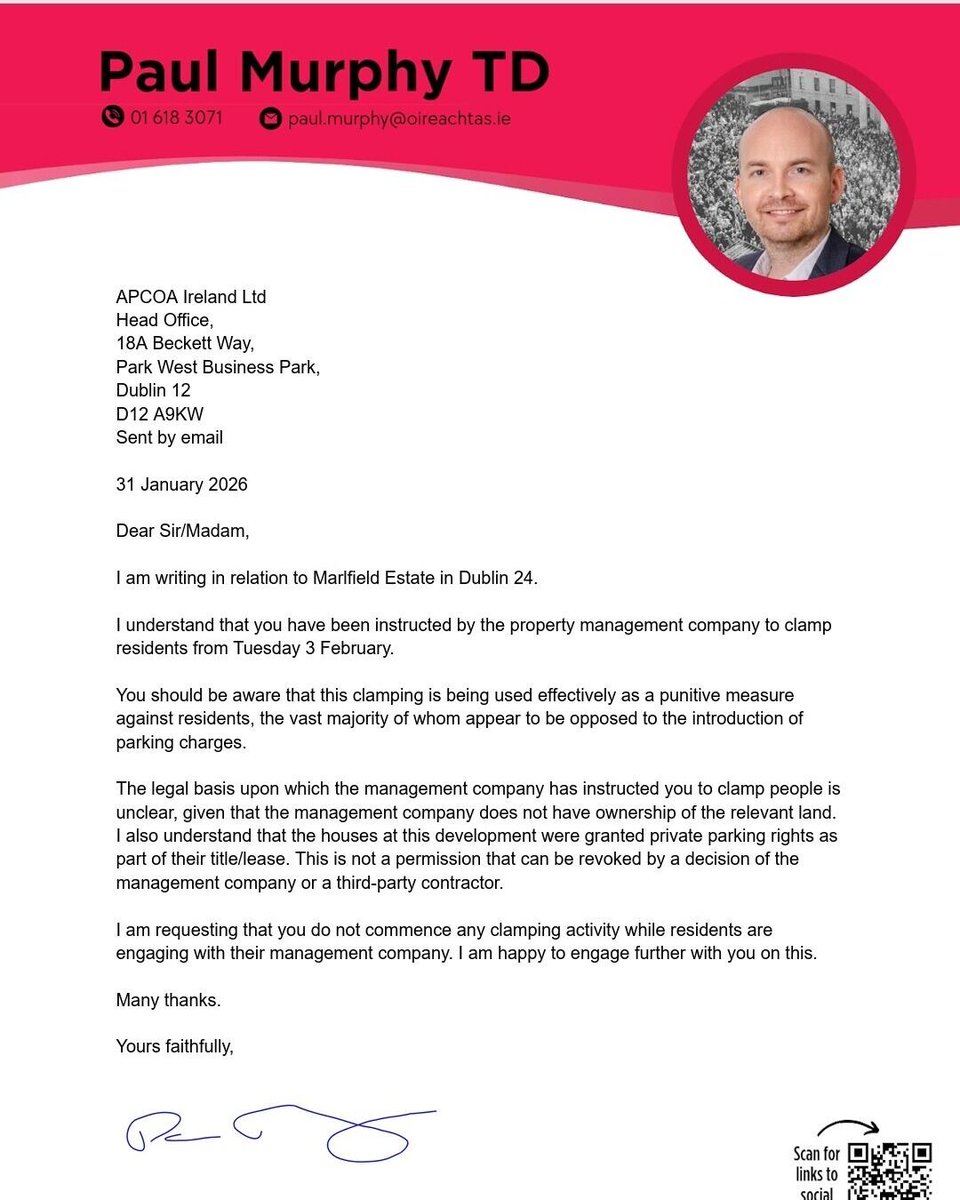 paulmurphy_TD's tweet photo. After last night's powerful meeting of Marlfield residents, I've written to Apcoa asking them not to engage in clamping next Tuesday.

It's completely unacceptable to see charges and clamping introduced against the will of the majority of residents. They should be withdrawn. https://t.co/dLDNFy7Tue