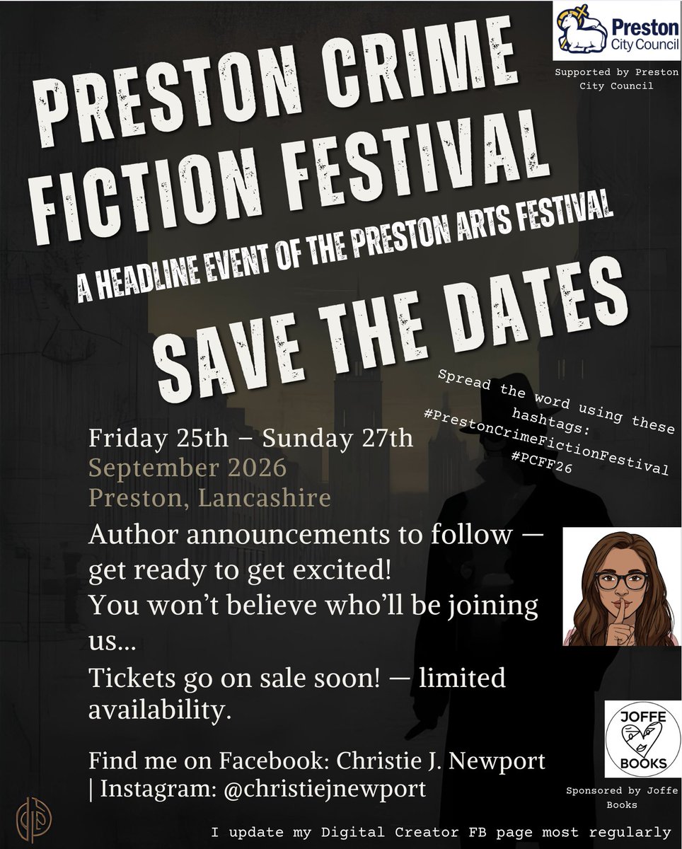 christienewport's tweet photo. The Preston Crime Fiction Festival is coming this September! Love crime books, want to meet your fav authors, discover new ones, or grab a signed copy? Tickets on sale soon. Follow for updates & get ready to book fast! #PrestonFestival #CrimeFiction #SaveTheDate #pcff26 #bookfest https://t.co/WWilostfNp