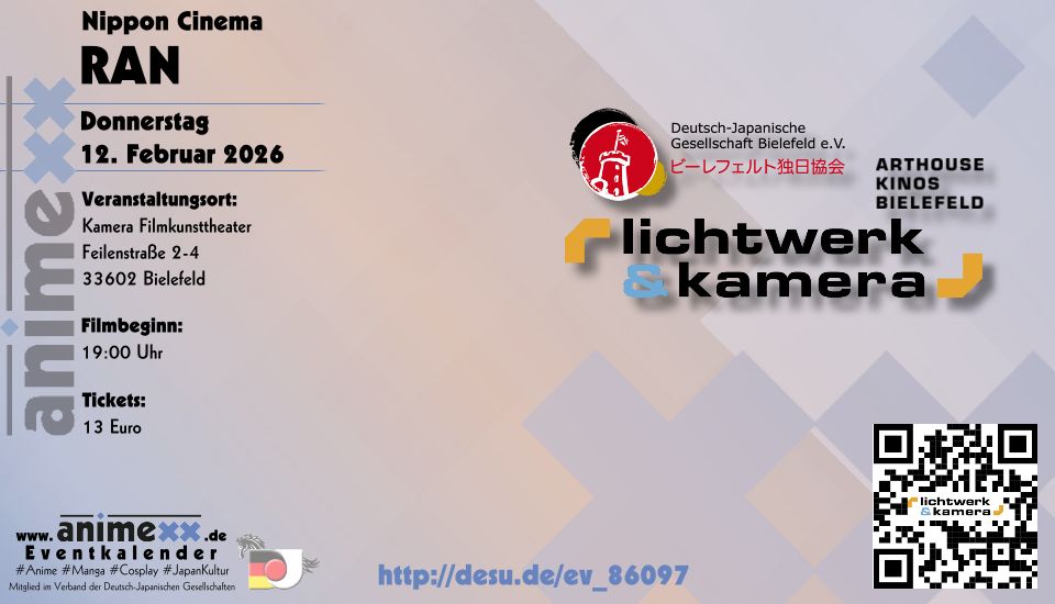 #NipponCinema 2026 - Das Kamera Filmkunsttheater in Bielefeld zeigt am Donnerstag, den 12. Februar 2026 um 19:00 Uhr den Spielfilm "RAN "
desu.de/ev_86097 #DJGBielefeld