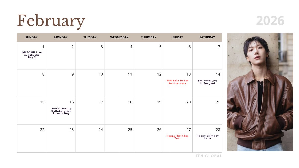 [Ten's Schedule] 
🗓 February 2026

Check out Ten's currently known schedule for the upcoming month of February! 

#TEN #TENLEE #李永钦 #เตนล์ #텐 #テン