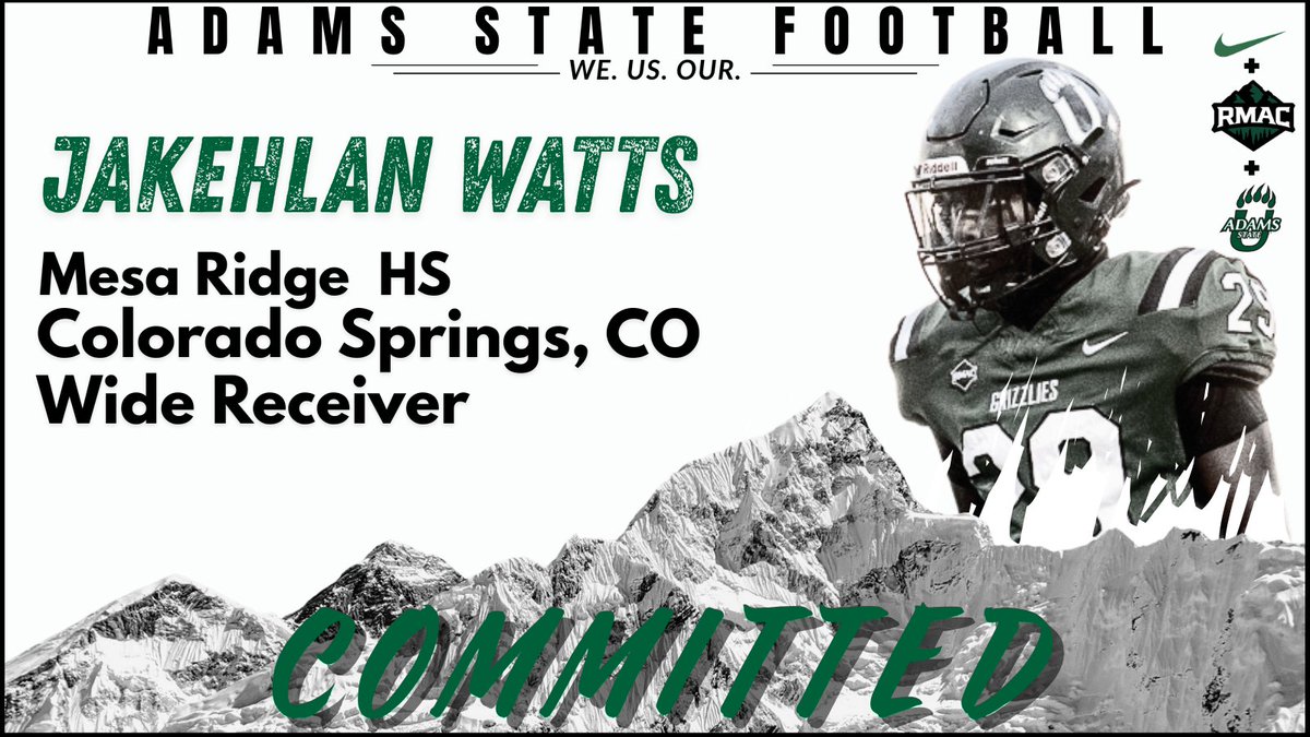 JaKehlanWatts's tweet image. #AGTG Blessed to announce I've committed to Adams State University @asugrizzliesfb! Thank u for believn n me 🙏🏻💪🏽🖤!
Lookin 4ward to bringing NRGY n DUBS to da U @ASUGrizzlies #WeUsAre Special thank u to those who made me the #playmaker I am 💯
@MesaRidgeFootb1 
@GroundupSP