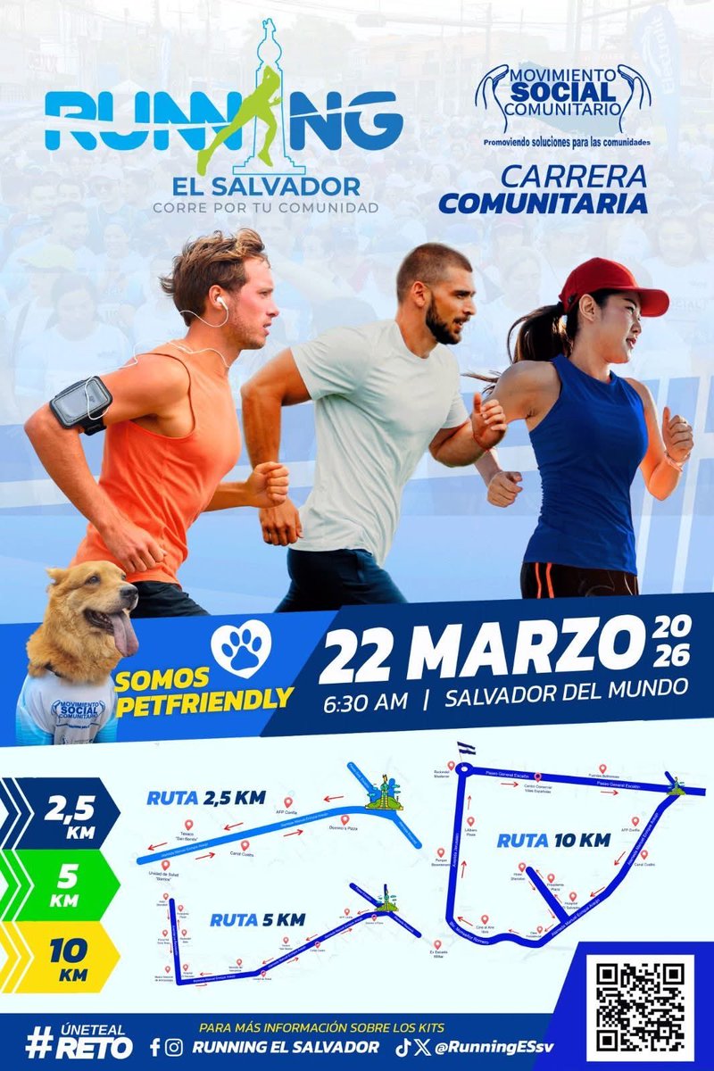 RolandoCastroSv's tweet photo. Running El Salvador.

La carrera por la solidaridad, se llevará acabo este domingo 22 de marzo.

Correremos para cumplir una meta en el menor tiempo posible.

Pero más aún para transformar la vida de muchas personas en las comunidades.

Punto de partida será la plaza del salvador del mundo.

Para mayores detalles y adquirir el Kits puedes comunicarte a @ComunitariosES 

Todo esto es a través del Movimiento Social Comunitario.

Running El Salvador ya tiene fecha 👇