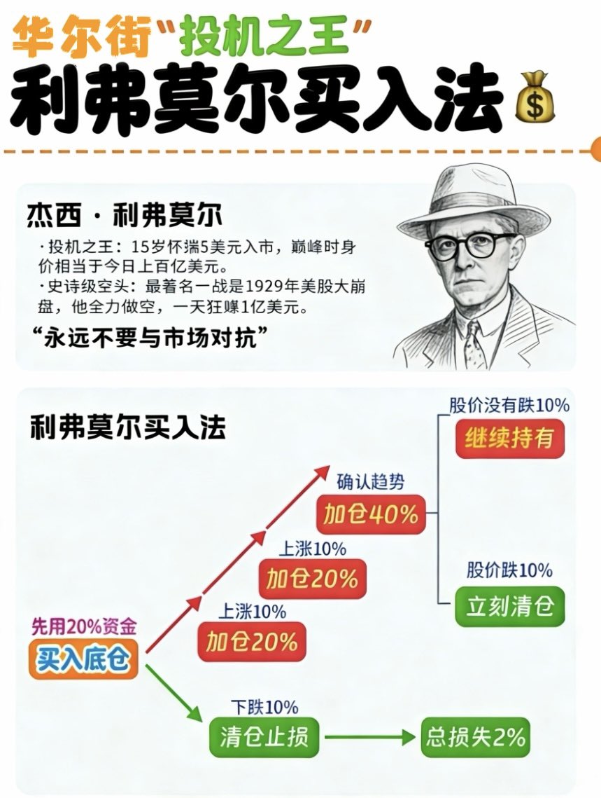 facai988's tweet photo. 一图读懂华尔街之王，利弗莫尔买入法

用最小的风险试探市场，让市场自己证明你是对的，再逐步放大正确方向的仓位。

核心逻辑：

1. 永远不要一次把钱全押上  
先用20%资金试探性建底仓 → 初始风险极低

2. 严格止损，保护本金
价格下跌10% → 立即全部清仓，总亏损控制在约总仓位的2%

3. 只在赚钱的方向加仓
价格每上涨10% → 证明趋势正确 → 加仓  
加仓比例逐渐放大：  
第一次上涨10% → 加20%  
第二次上涨10% → 再加20%  
第三次上涨10% → 最后加40%（最重一击）

4. 趋势确认后才全力进攻
越往后加仓越大，因为此时已经连续获得市场确认，浮盈在保护本金，风险实际上在不断降低