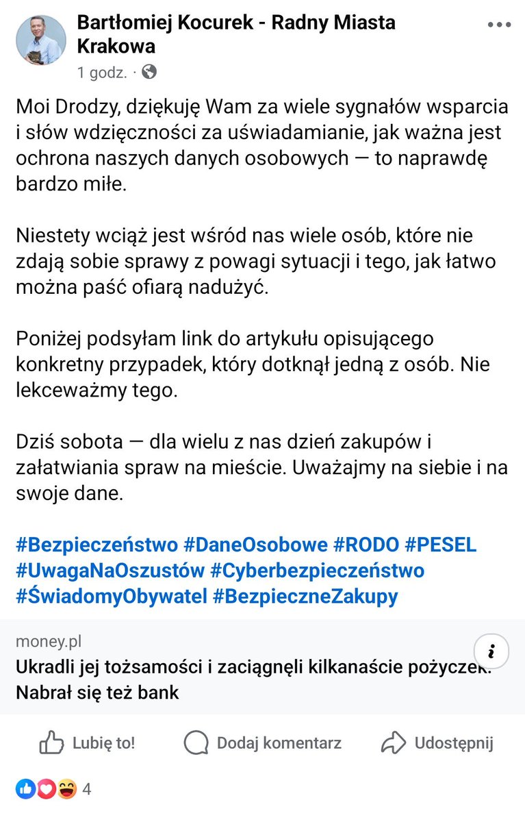 Zejdźmy na ziemię. Kocurek nie walczy o Wasze bezpieczeństwo on walczy o swój  chleb. Podczas gdy prezydent Miszalski jest już dawno syty, całe jego zaplecze to armia ludzi, którzy bez publicznych pieniędzy zapomnieliby, jak wygląda przelew na konto.

Radny Kocurek może liczyć na
