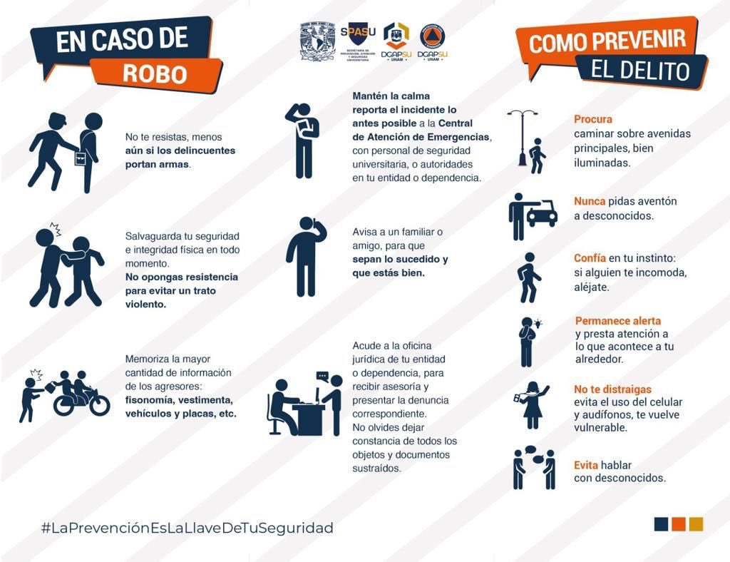Sigue estas recomendaciones de Protección Civil UNAM para la prevención del delito, autocuidado y emergencias. 👷👷‍♀️
Consulta 👉seguridadyproteccion.unam.mx/PC3/
#LaPrevenciónEsLaLlaveDeTuSeguridad #DGAPSU
