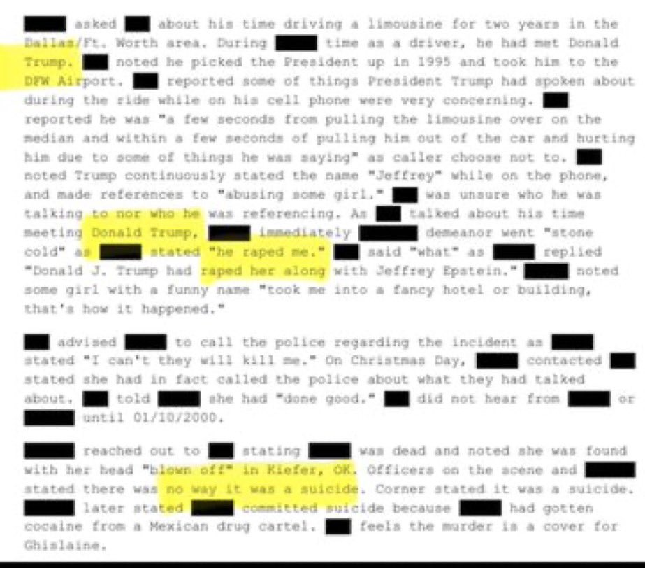 Epstein's 1995 files: A Dallas driver overheard Trump talking about "assaulting a girl."

The victim later told him that Trump and Epstein had raped her. She was soon found dead, her head severed from her body. 

Trump should be prosecuted.