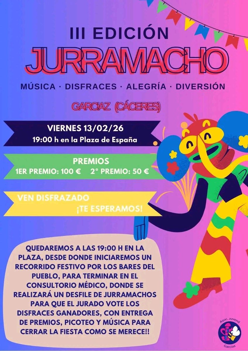 13/02. 19 h. Plaza España. III Edición Jurramacho. Asoc. Juvenil de Garciaz
<a href="/SIEMPREGARCIAZ/">GARCIAZ</a> <a href="/raicesdegarciaz/">@raícesdegarciaz</a> <a href="/adicomt/">ADICOMT</a> <a href="/DehesaVilluerca/">Dehesas y Villuercas Ecologistas en Acción</a> <a href="/turisvilluercas/">Turismo Villuercas</a> <a href="/VilluercasGPark/">Villuercas-Ibores-Jara Geoparque Mundial UNESCO</a> <a href="/DipprovCaceres/">Diputación Cáceres</a> <a href="/Turismo_DipCC/">Turismo Provincia Cáceres</a> <a href="/Junta_Ex/">Junta de Extremadura</a> <a href="/extremadura_tur/">Extremadura Turismo</a> <a href="/LasTejoneras/">Las Tejoneras De Conquista</a> <a href="/Expueblos/">Extremadurapueblos</a> <a href="/extremeneria/">Extremeñería 💚🤍🖤</a> <a href="/PiSerradilla/">picosfoto-berzocana</a>