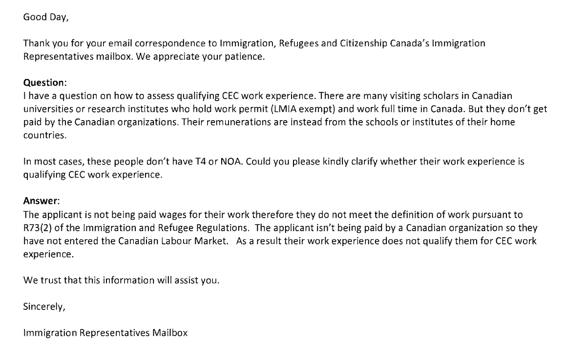 Q: Does work experience gained in Canada by visiting scholars or researchers who hold an LMIA-exempt work permit, work full-time in Canada, but are paid by a foreign institution (and therefore do not receive a T4 or NOA), count as qualifying Canadian Experience Class (CEC) work
