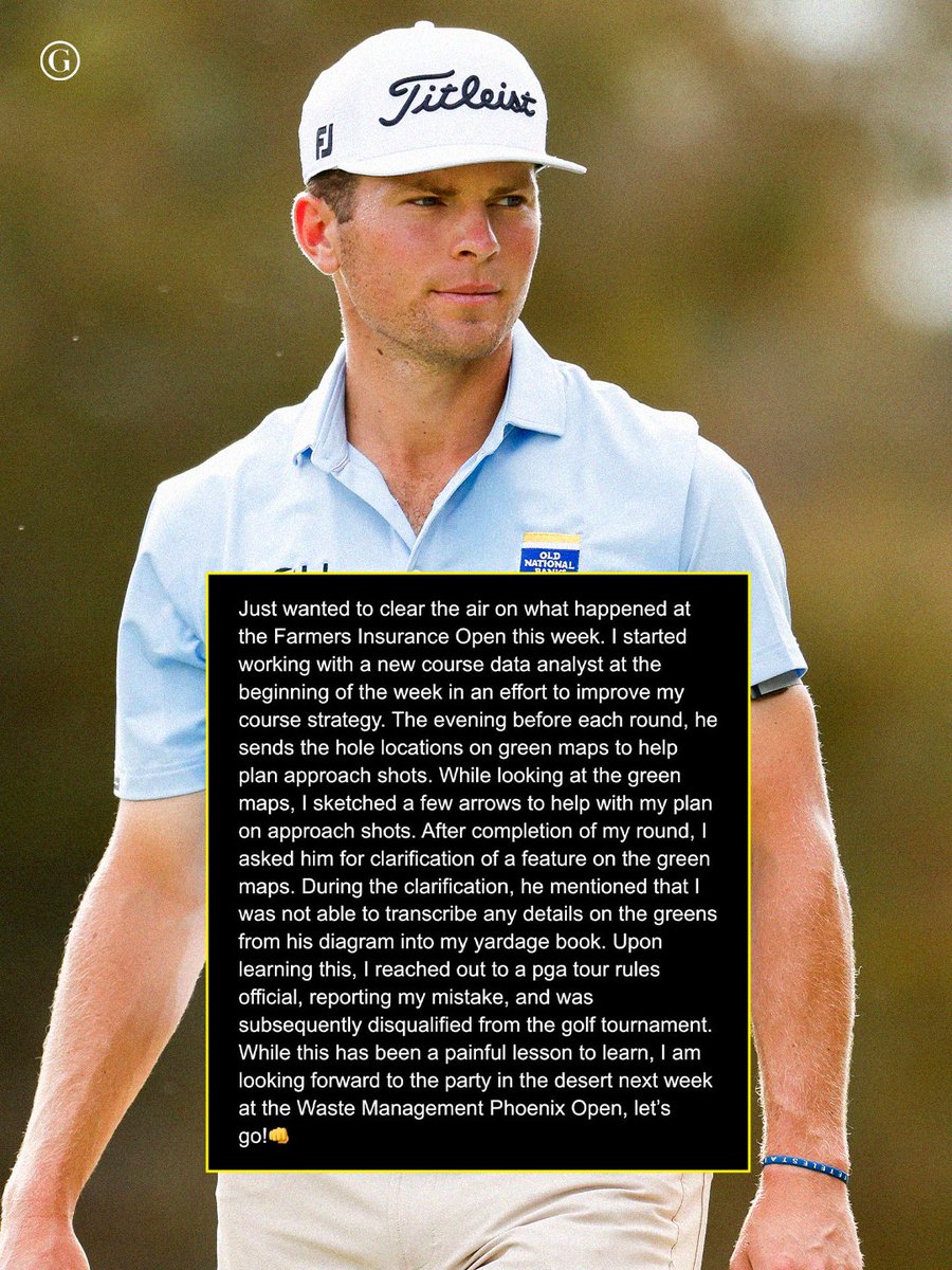 PGA Tour Rookie Michael Brennan explains the why he was disqualified following the first round of the Farmers Insurance Open at Torrey Pines on Thursday.

The PGA Tour said the disqualification was “for a breach of Model Local Rule G-11; use of non-permitted green-reading