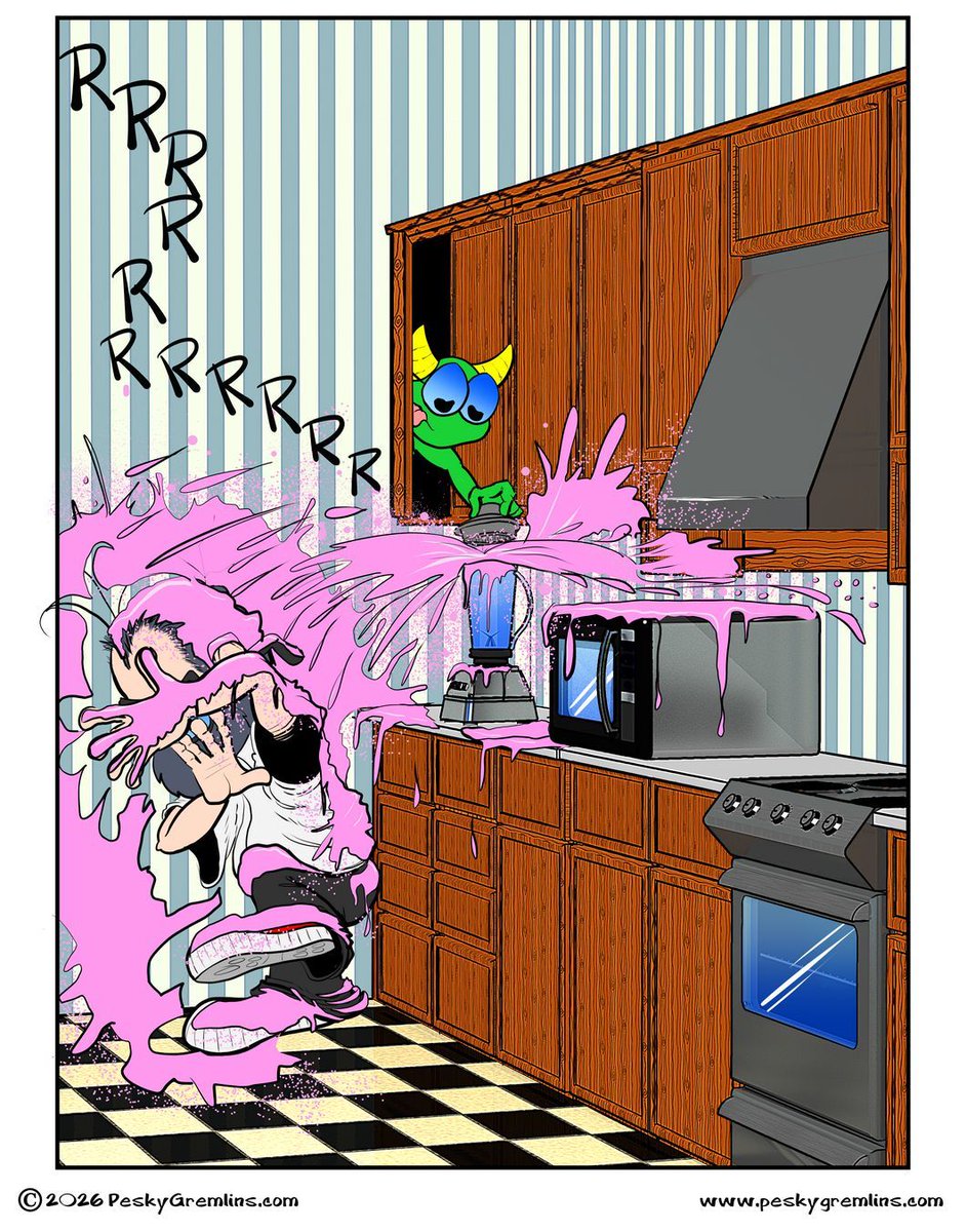 Pesky Gremlins Comic 971
"No So Smoothie"
peskygremlins.com 
#comic #comics #webcomic #webcomics #cartoon #cartoons #cartoonart #gremlin #gremlins #cartoonstrip #kitchen #blender