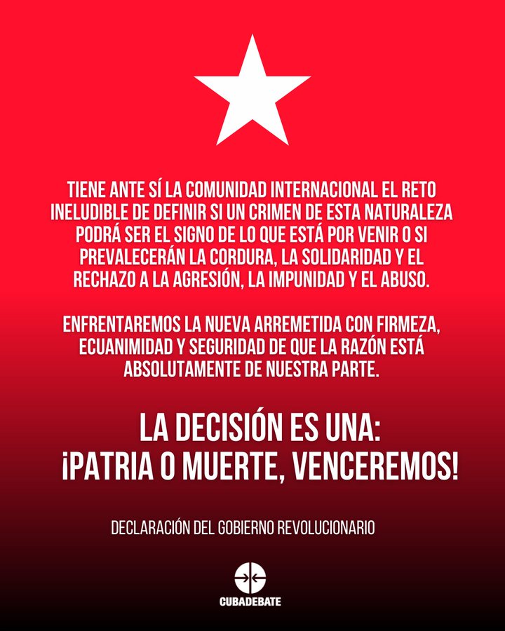 casa_102's tweet photo. 🇨🇺 La decisión es una: “Patria o Muerte, Venceremos”. La consigna histórica reafirma la voluntad de #Cuba de resistir y triunfar frente a cualquier presión externa. #CubaVencerá  #CubaEstáFirme https://t.co/s4lTFnK9p1