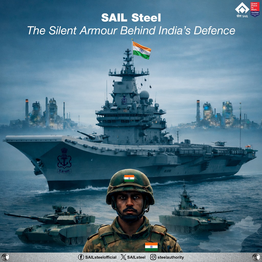 SAILsteel's tweet photo. SAIL Steel stands as the silent armour behind India’s defence, delivering strength, reliability and resilience to the nation’s critical defence platforms and strategic infrastructure.

#SteelAuthority #SAIL #SteelAuthorityofIndiaLimited #SteelIndia #SteelMinistry https://t.co/tWZvpSW10R