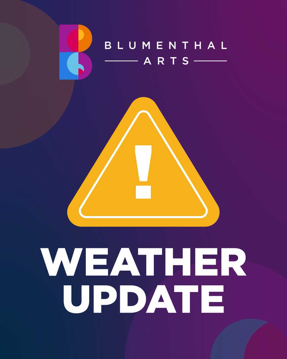 BlumenthalArts's tweet photo. Weather Update: 1/31 @ 10:15am

We continue to keep a close eye on weather conditions this weekend. 

All performances of "The Magicians Table" scheduled for January 31 & February 1 on Stage 2 at Blume Studios are cancelled. All impacted ticket holders will receive an email to select a new performance.

"Charlotte Symphony’s Schumann's Symphony No. 2" at Knight Theater on January 31 and February 1 are cancelled.

 “Wink" performances at Booth Playhouse on January 31 and February 1 are cancelled. 

"Charlotte Mini-Con" on Stage 1 at Blume Studios has been rescheduled to February 28.

“Orchestra Noir: The Culture 2000 Tour” at Belk Theater has been rescheduled to March 27.

"From the Studio to the Stage" in Stage Door Theater has been rescheduled to March 8.

*NOTE: The Belk Theater Box Office will not be open for in person transactions on Saturday, January 31.