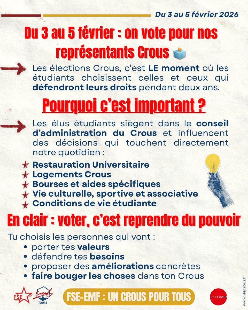 📣!! LANCEMENT DE NOTRE CAMPAGNE  ÉLECTIONS CROUS 2026 !!📣
Les 3, 4 et 5 février, l'EMF et la FSE s'engagent pour et auprès des étudiant.e.s en présentant la liste : FSE-EMF un CROUS pour tous
