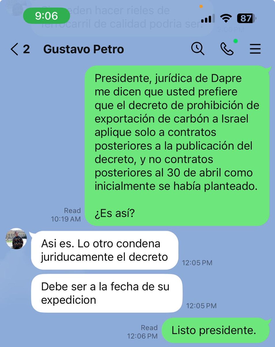 Presidente: un economista debe en efecto decir siempre la verdad. Por favor deje de difundir falsedades acerca de mi gestión, y reconozca, por ejemplo, que fue usted quien ordenó que continuara la firma de contratos de exportación de carbón a Israel.