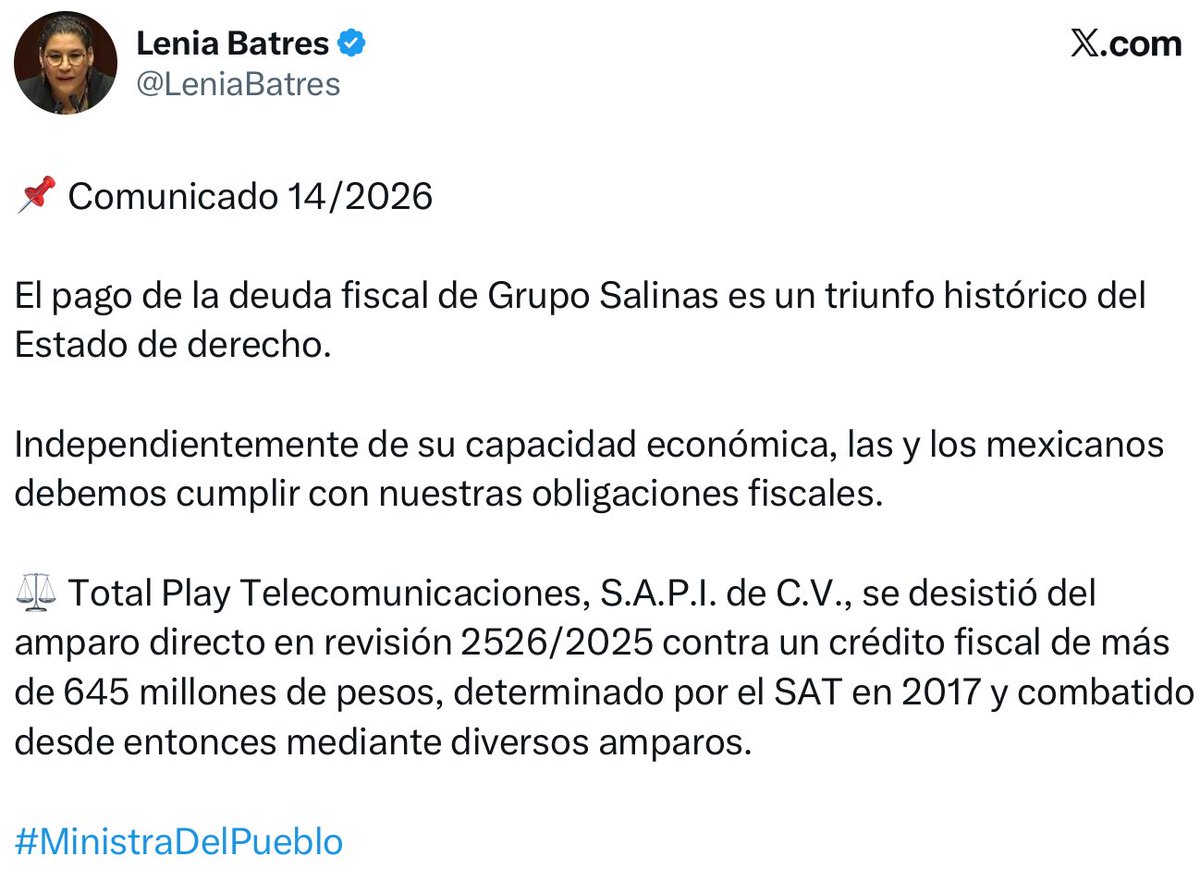 Muchas gracias <a href="/LeniaBatres/">Lenia Batres</a>, acabas de regalarle a <a href="/RicardoBSalinas/">Don Ricardo Salinas Pliego</a> evidencia tangible ante instancias internacionales de la conspiración de estado que pretende socavar sus carrera política y libertad de expresión.

No de a gratis eres la Ministra del Pueblo Bueno y Sabio: