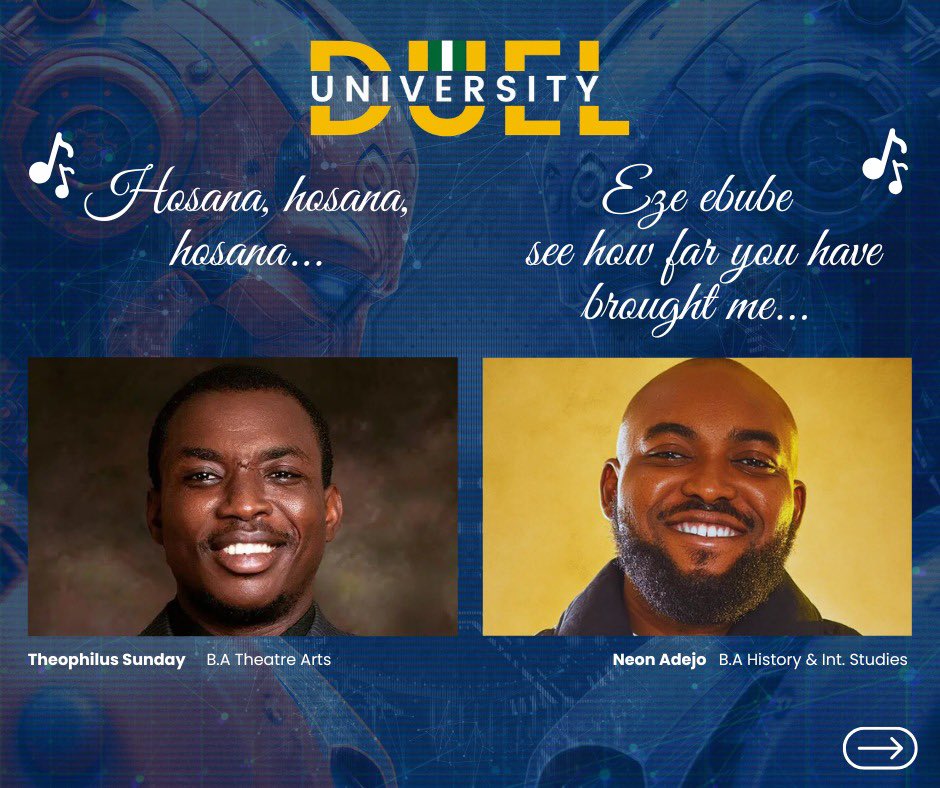 thestem_africa's tweet photo. Do you know the university that groomed these voices?
Can this Uni dance to the victory song on UniversityDUEL 2026?
Slide to reveal. If it’s your school, show some love in the comment session.
#UniDUEL2026 #PAAU
#Elon #Leeds #Trey #Awujale https://t.co/Tq7R8t84QV