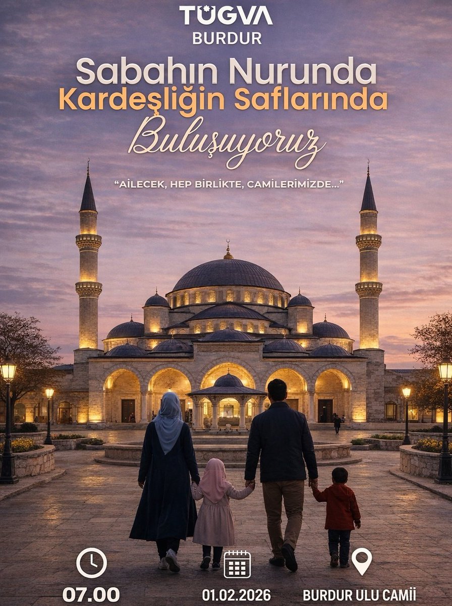 🌙 Sabahın nurunda, kardeşliğin saflarında buluşuyoruz.
Ailece, hep birlikte camilerimizde…
Birlikte saf tutmanın, aynı duaya “amin” demenin huzurunu yaşamak için

📍 Burdur Ulu Camii
🕕 07.00

Kalpler aynı niyette, adımlar aynı istikamette…
<a href="/ibrahim_besinci/">İbrahim Beşinci</a> 
<a href="/tugvaTR/">TürkiyeGençlikVakfı</a>
