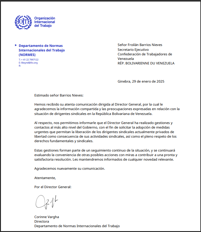 LIBEREN A LOS SINDICALISTAS PRESOS EN VENEZUELA. Dice la OIT, también.