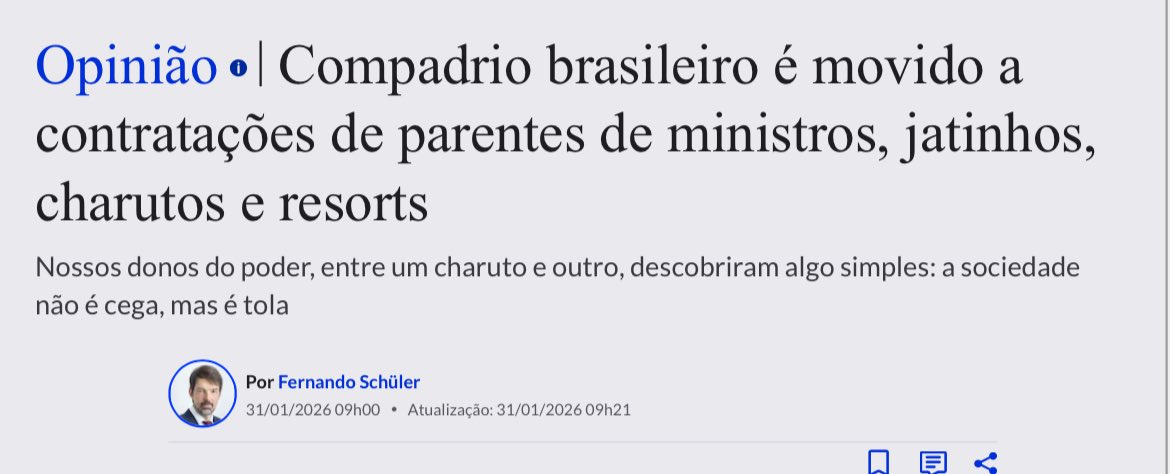 mauad_joao's tweet photo. Leiam mais um magnífico texto do Fernando Schüler. 👏👇

“Há um vezo patrimonialista nisso tudo. O banqueiro que contrata o ex-ministro da Fazenda e com isso emplaca um encontro fora da agenda com o presidente. Depois contrata o escritório da esposa de um ministro. E logo adiante o escritório de um segundo ministro, para “serviços jurídicos estratégicos”. 

Isso é a grande festa do compadrio brasileiro, movida a jatinhos, charutos, resorts e eventos de luxo. Alguma ilegalidade nisso tudo? De um interlocutor escutei que “não”. E seu raciocínio era cristalino: são os ministros que dizem o que é legal ou ilegal. Valia para a instância devida e para a censura prévia, lembram? Porque não valeria agora para uso de jatinhos e conflito de interesses? 

Observando estas coisas me lembrei de quantas vezes escutamos, nestes anos todos, que a justiça era “cega, mas não tola”. Isso valeu para quase tudo. A moça do batom rabiscando naquela estátua; o dossiê do PL sobre as urnas; aquela turma de empresários no WhatsApp. Apenas um papo-furado? Ora, ora, a Justiça é cega, mas não é tola... Agora tudo se inverteu? A esposa do ministro surge com um contrato de R$ 129 milhões e o marido vai julgar o caso. Os irmãos do relator têm negócios com o investigado.

Algum problema? Nenhum. Se aceitamos lá atrás a regra de que é a autoridade que subordina a lei, e não o contrário, porque deveríamos reclamar, justo agora?

Haveria uma saída, para tudo isso? A resposta veio do ministro Fachin. “Quem tenta desmoralizar o STF”, diz ele, “está atacando o próprio coração da democracia...”. Já escutamos isso em algum lugar. A lógica é: se você critica o STF, “corrói sua autoridade”. E com isso “ataca a democracia”. Perfeito. Se alguém quiser ajudar a democracia, jamais critique o STF. É algo ridículo, mas durante anos foi a pedra de toque de nossa elite e “mídia profissional”.

O sinal de Fachin é claro: não haverá correção interna de rumos. O Tribunal aprendeu, há bom tempo, que o melhor é jogar parado. Não foi assim com o caso Tagliaferro? Ao invés de uma investigação, é o denunciante que vira réu. Alguma reação? É o mesmo agora. Alguém fará alguma coisa com os contratos das esposas, filhos, irmãos? Logo chega o Carnaval, depois a pré-campanha, a polarização de sempre. E é vida que segue. 

Nossos donos do poder, entre um charuto e outro, em Brasília, descobriram algo simples: a sociedade não é cega. Os fatos estão aí, para quem quiser enxergar. Mas é tola. Foi tola quando aceitou que tudo podia ser feito para “salvar a democracia”. E tola agora para aceitar a promessa vaga de um código de ética para “depois das eleições”, sem que ninguém faça ideia do que uma coisa tenha a ver com a outra.”