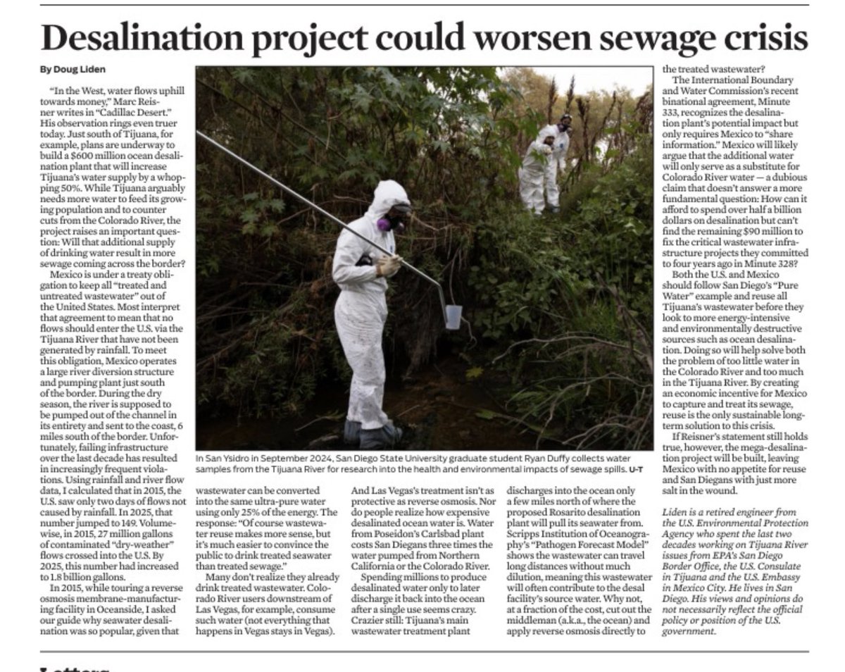 sergededina's tweet photo. Excellent article about how Tijuana’s proposed desal project would make sewage crisis worse—and fact that    Mexico has no money for sewage treatment but has $500 million for desal. https://t.co/Hx5OF83mDM