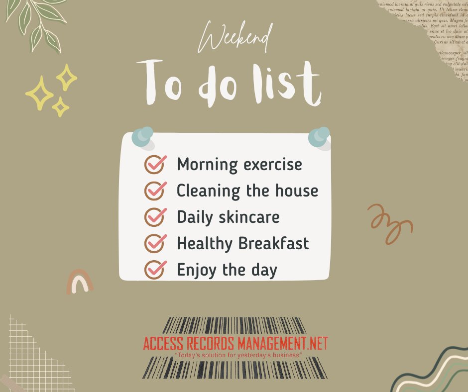 AccessRecordsS's tweet image. Ready 2 make the most of the weekend? Check out our list for a productive and refreshing start. ✔️✨ How are you planning to recharge and stay organized? Drop yours in the comments and inspire our community! #WeekendMotivation #OrganizeYourLife #AccessRecordsManagement