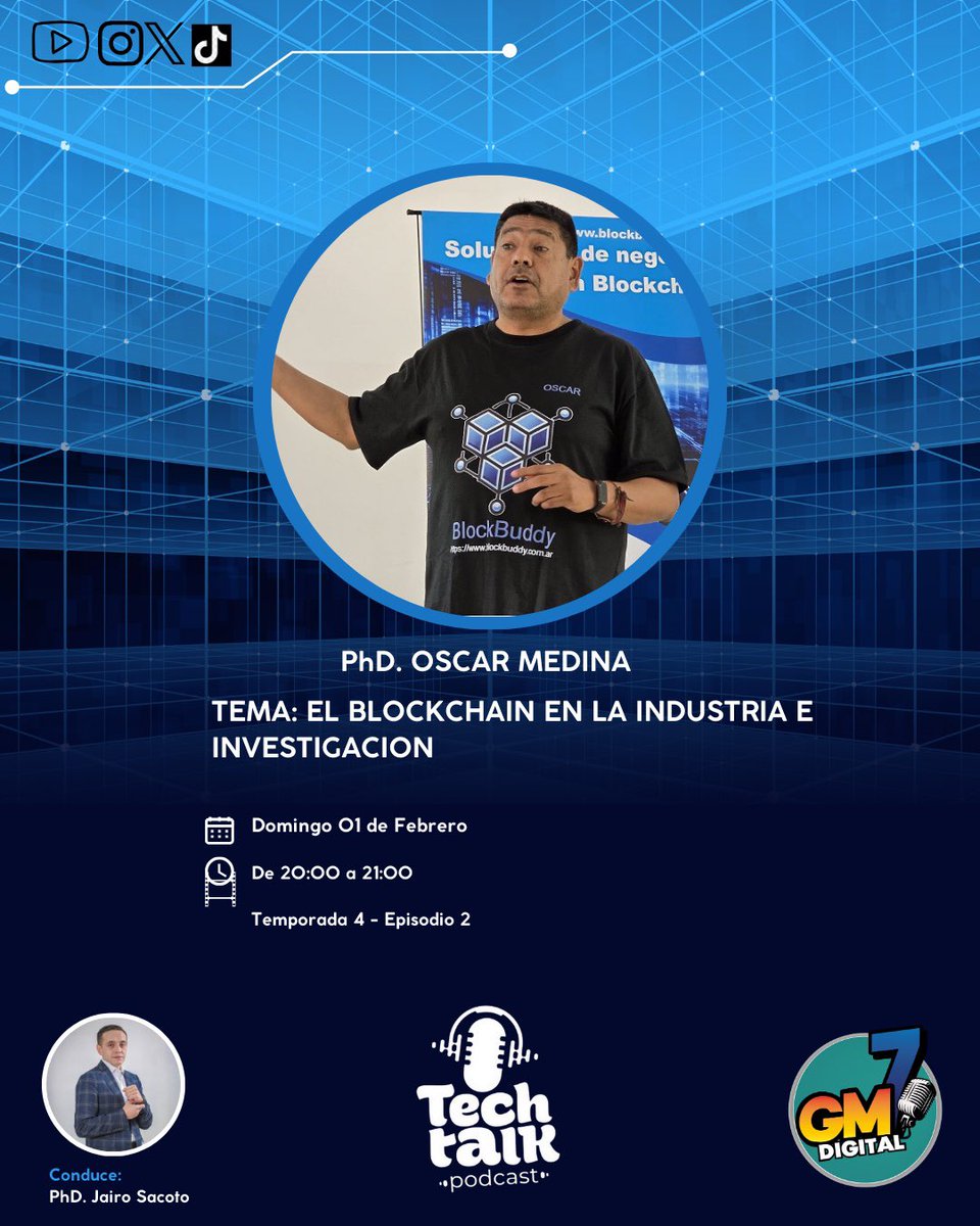 tech_talk__js's tweet photo. 🔗 Blockchain en la industria e investigación
🎙️ En #TechTalk conversamos con el PhD. Oscar Medina
🎤 Conduce: PhD. Jairo Sacoto

🗓 Domingo 01 de febrero
⏰ 20:00 – 21:00
📡 GM7 Digital

#Blockchain #Innovación #TransformaciónDigital #TechPodcast 🚀 https://t.co/ElwgxX3zFu
