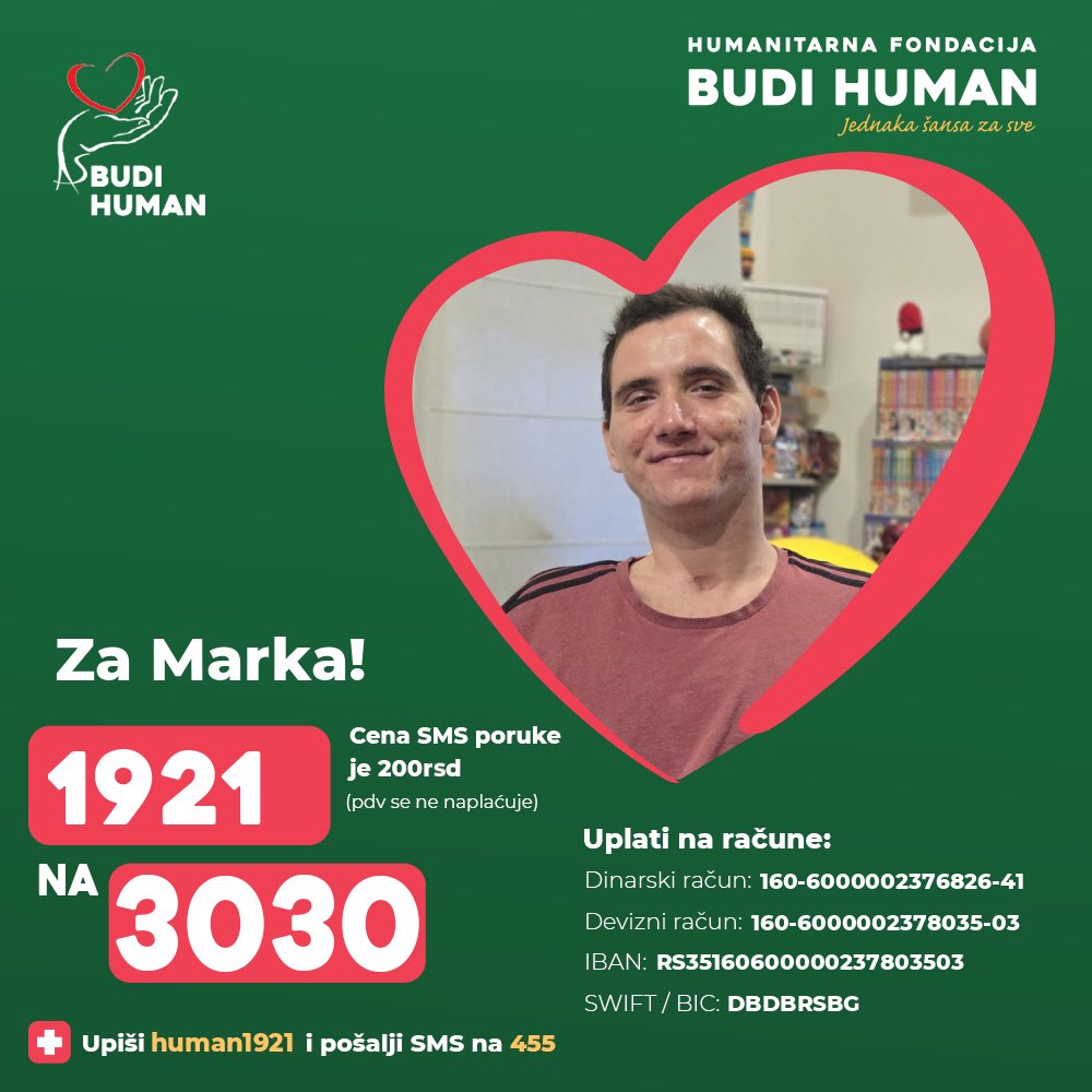 Pomozimo Marku!

Upišimo 1921 i pošaljimo SMS na 3030

budihuman.rs/korisnik/1921/…

#budihuman #jednakašansazasve #podeli #markodebelić