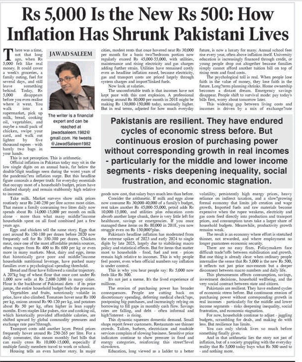 My latest column is now published in Daily Times:

“Rs 5,000 Is the New Rs 500: How Inflation Has Shrunk Pakistani Lives.”

Milk, rent, fuel, school fees — everything has reset upward, while salaries lag behind. This isn’t perception. It’s arithmetic. And it explains why even