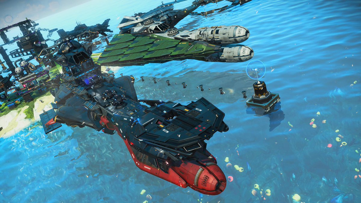 ACE_RM5M's tweet image. 白メガネさんのヤマトの隣が空いたので自分のミサイル艦を並べてみたり😎
#NoMansSky 
#ノーマンズスカイ