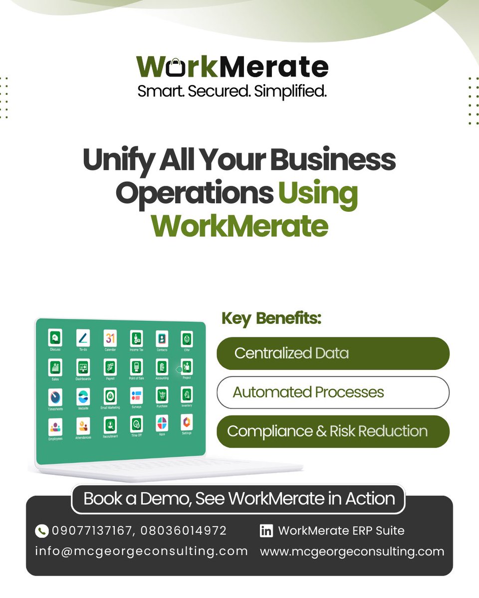 McGeorge_Ltd's tweet photo. Unify your operations.
Automate your processes.
Stay compliant effortlessly.
WorkMerate ERP brings your business into one smart platform for control, clarity, and growth.
Book a demo today.
#WorkMerate #ERP #BusinessAutomation #TaxCompliance #DigitalTransformation https://t.co/j3aVMNewHF