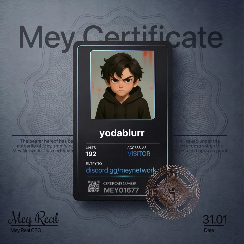 Entered MEY HQ with my **MEY Certificate** today.

Feels like one of those "early" moments.

What tier did you get?

@mey_network → discord.gg/meynetwork