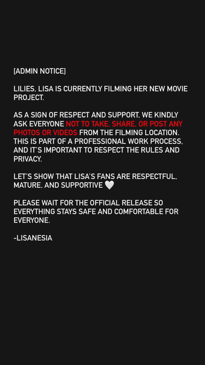 TOLONG DIBACA ‼️

Mari dukung Lisa dengan menghormati pekerjaannya dan semua pihak yang terlibat di lokasi.

Terima Kasih.