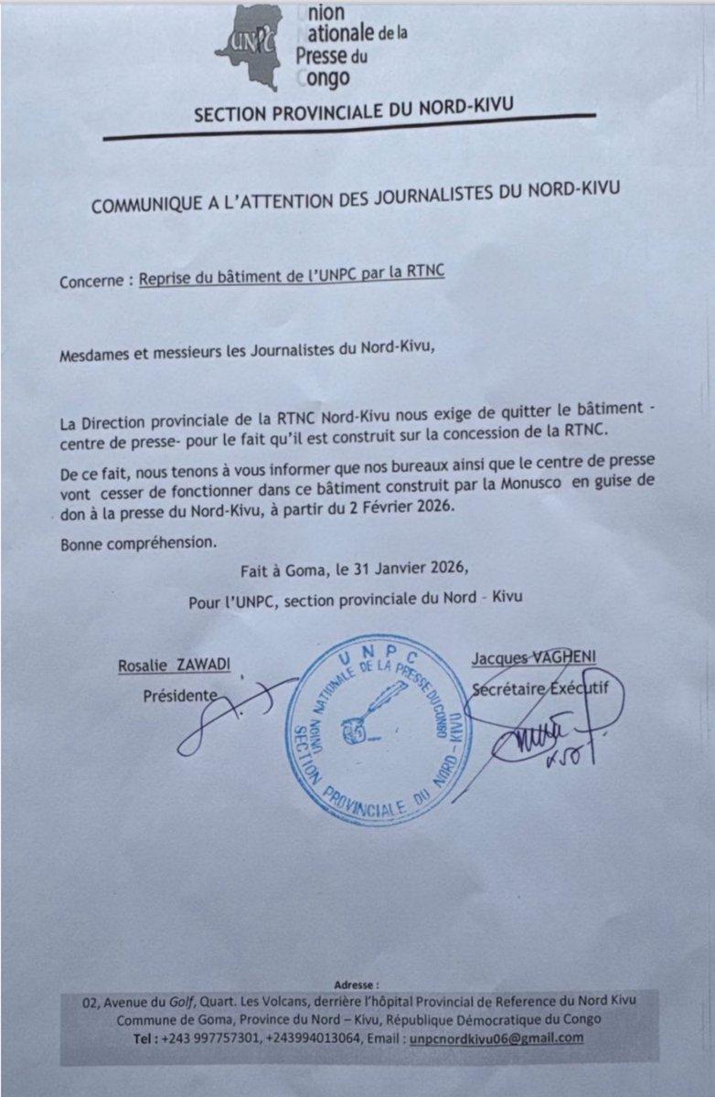 𝗥𝗗𝗖 🇨🇩 : l’actuelle Direction provinciale de la RTNC/Nord-Kivu exige le départ de l’Union nationale de la presse du Congo (𝗨𝗡𝗣𝗖) du Centre de presse de 𝗚𝗼𝗺𝗮, estimant que ce bâtiment serait érigé sur une concession appartenant à la RTNC. Pourtant, l’édifice avait été