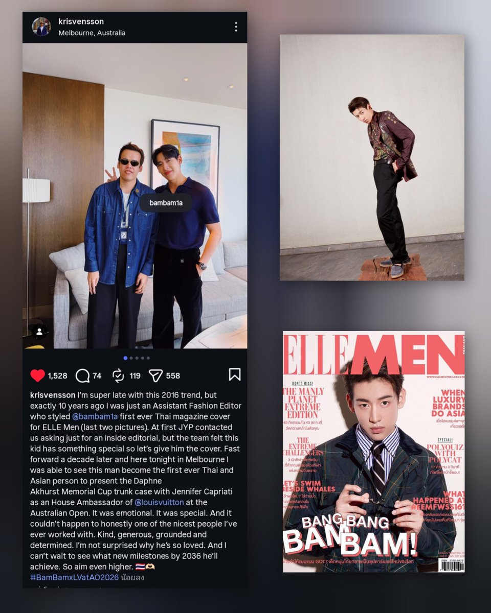 "เมื่อ 10 ปีก่อนผมเป็นแค่ผช.บก.แฟชั่น เดิมที JYP ติดต่อมาเพื่อขอถ่ายแค่แฟชั่น แต่ทีมรู้สึกว่าเด้กคนนี้มีบางอย่างพิเศษจึงตัดสินใจขึ้นปกแทน ผ่านมา 10 ปี กลายเป็นคนไทยและชาวเอเชียคนแรกที่ขึ้นมาพรีเซ้นต์ถ้วยรางวัล AO"

อีโมกับอะไรแบบนี้จริงๆ 🥹 

#BamBamxLVatAO2026 
#AusOpen2026