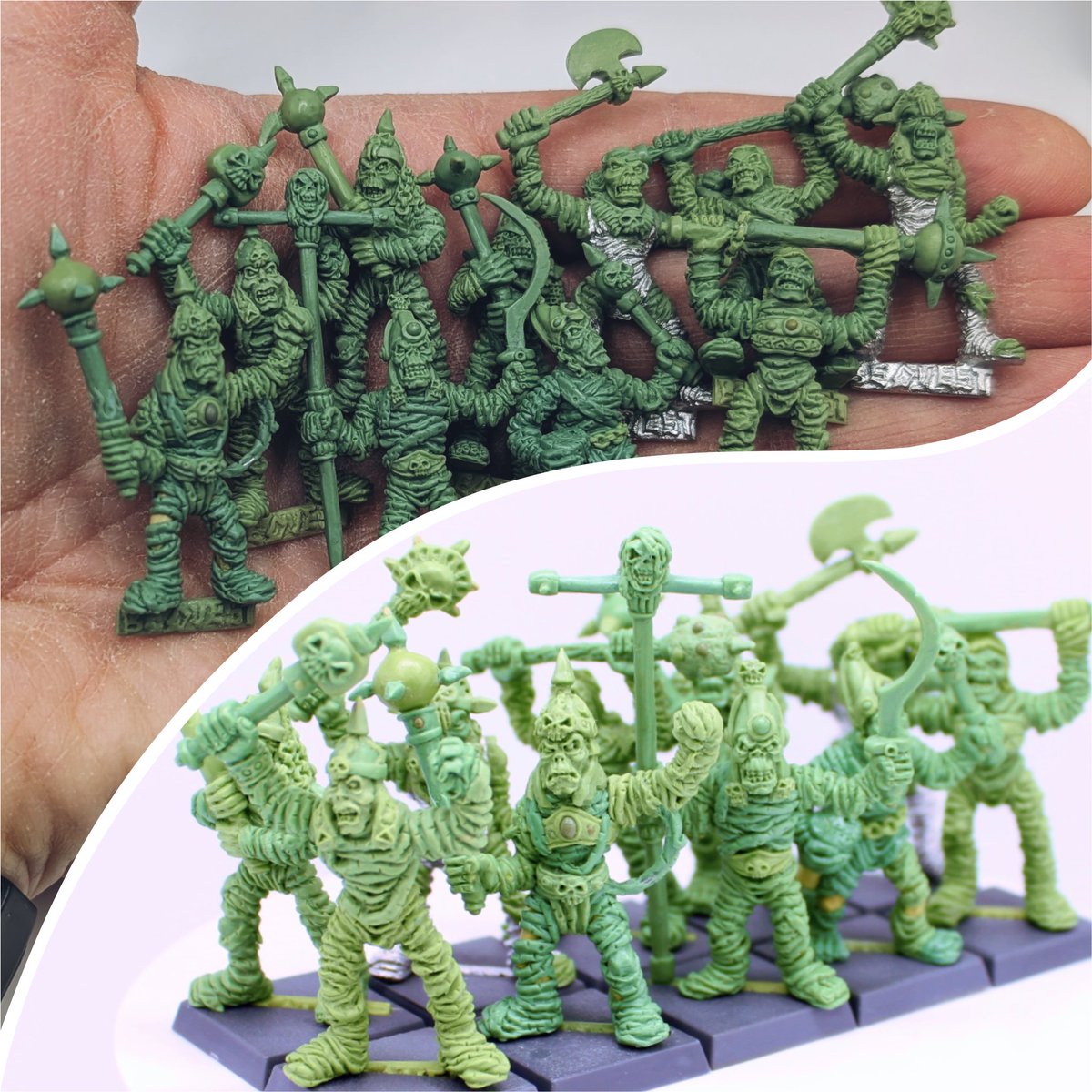 beQuestMinis's tweet photo. Finished sculpting my oldschool inspired mummy regiment!
#WarhammerCommunity #warhammer #warhammerfantasy #oldhammer #miniatures #mummy #tabletop #greenstuff #mordheim #aos #Wargaming #whfb #oldworld #heroquest #fantasy #wfb #citadel #mummies #undead #ageofsigmar #tombkings https://t.co/zjS5r9g86Z
