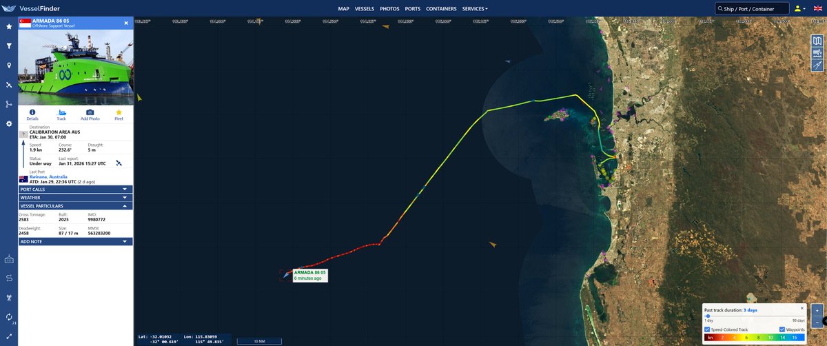 LabratSR's tweet photo. #MH370 Armada 86 05 remains at, or near, the ATSB Calibration site. They are due back at Gage Roads on the 2nd. #vesseltracking by @VesselFinder https://t.co/JFBl7He1qb
