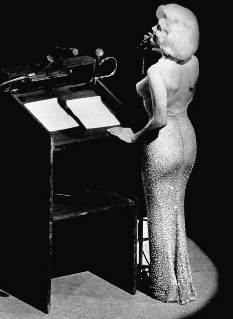 Marilyn Monroe, while singing "Happy Birthday, Mr. President" to John F Kennedy at the Madison Square Garden, 1962.