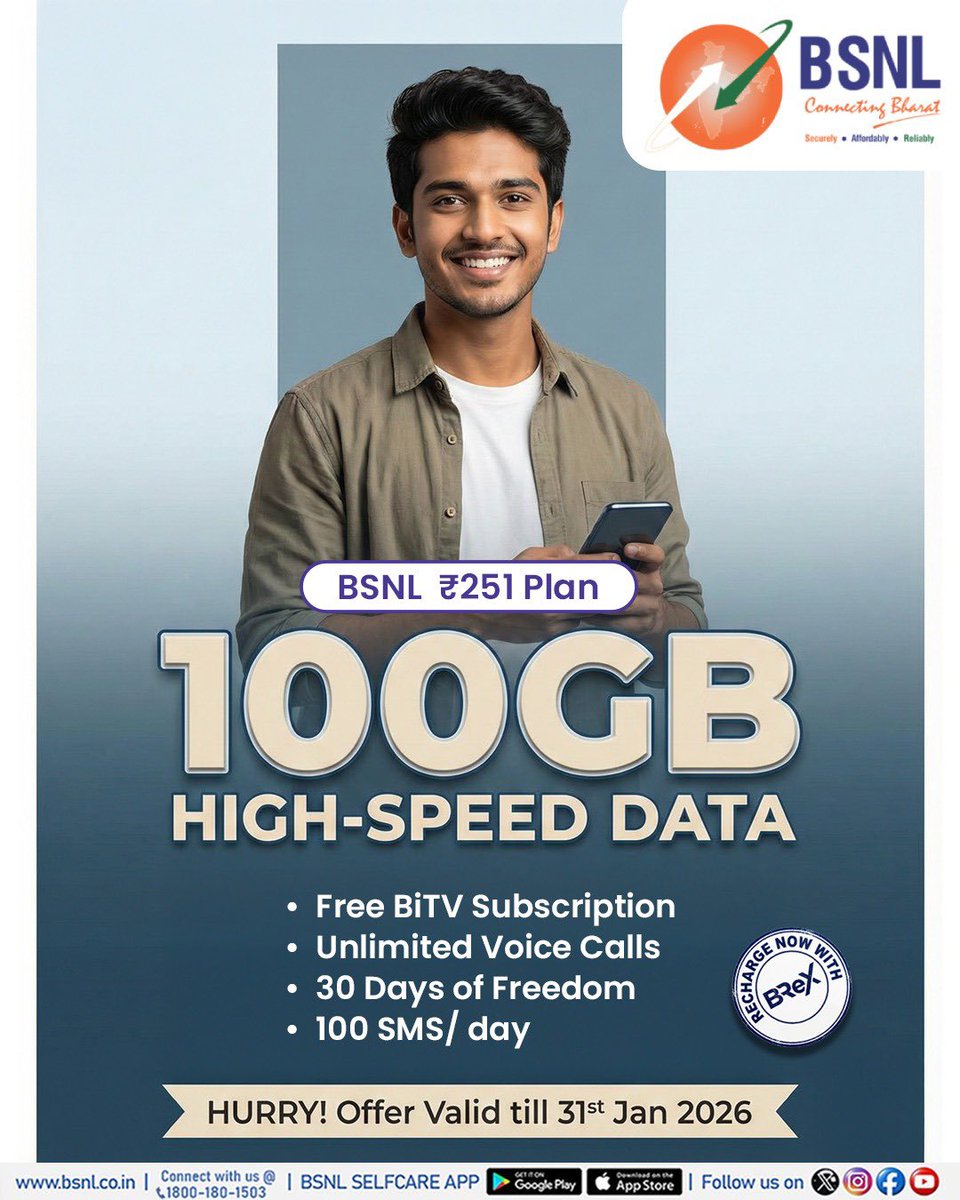 This is your LAST CHANCE to grab the BSNL ₹251 Plan 

Recharge and enjoy 100GB data, unlimited calling, 100 SMS/day, and FREE BiTV all with 30 days validity.  Hurry up, Offer ends 31st Jan 2026.

#BSNL #BSNLOffer #PrepaidPlan #BiTV #BSNLIndia